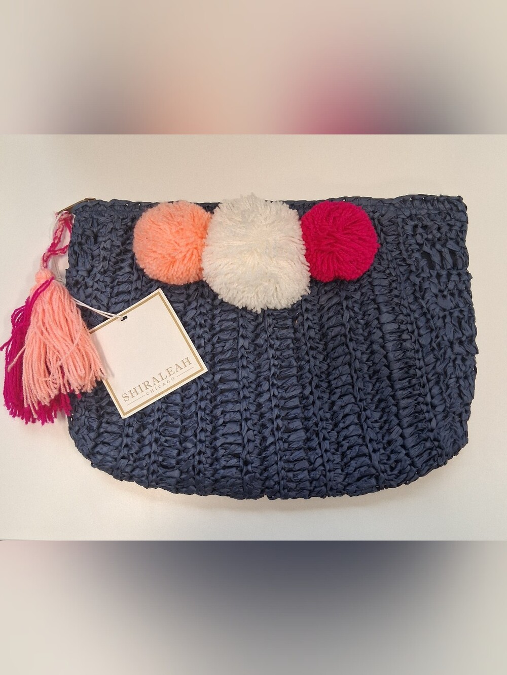Shiraleah Navy Rio Woven Clutch with Pink, Coral & Cream Poms NWT